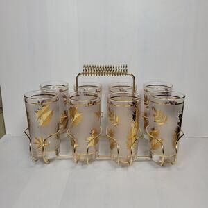 Vintage Libbey Gold Leaf 8 Tumbler Set and Carrier, Hollywood Regency 12 oz
